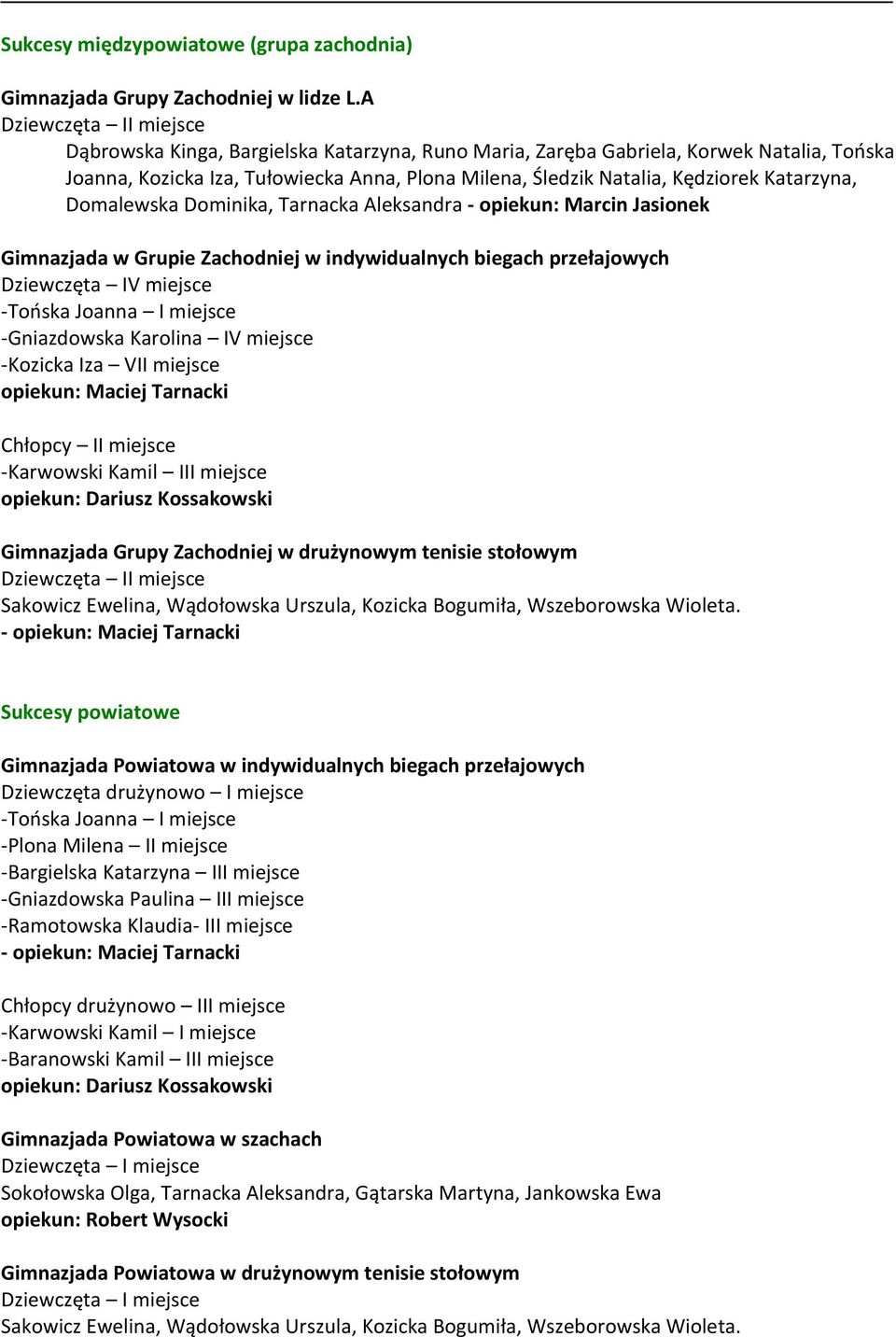 Katarzyna, Domalewska Dominika, Tarnacka Aleksandra - opiekun: Marcin Jasionek Gimnazjada w Grupie Zachodniej w indywidualnych biegach przełajowych Dziewczęta IV miejsce -Tońska Joanna I miejsce