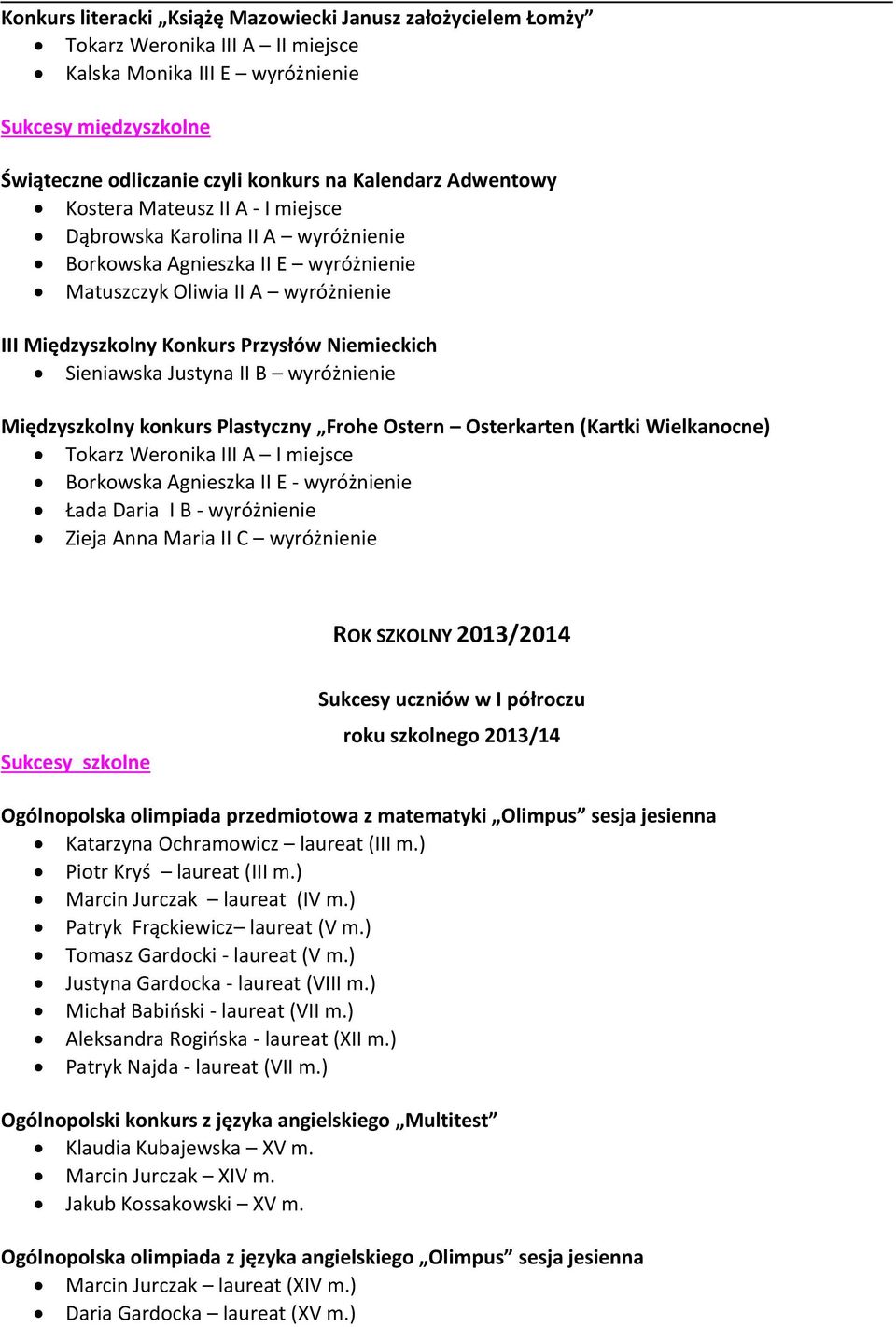 Sieniawska Justyna II B wyróżnienie Międzyszkolny konkurs Plastyczny Frohe Ostern Osterkarten (Kartki Wielkanocne) Tokarz Weronika III A I miejsce Borkowska Agnieszka II E - wyróżnienie Łada Daria I