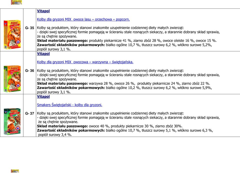 G- 36 Skład materiału paszowego: warzywa 28 %, owoce 26 %, produkty piekarnicze 24 %, ziarno zbóż 22 %.