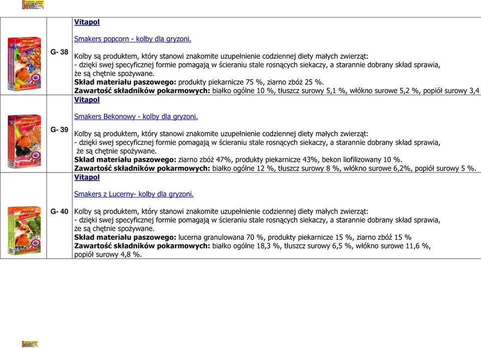 G- 39 Skład materiału paszowego: ziarno zbóż 47%, produkty piekarnicze 43%, bekon liofilizowany 10 %.