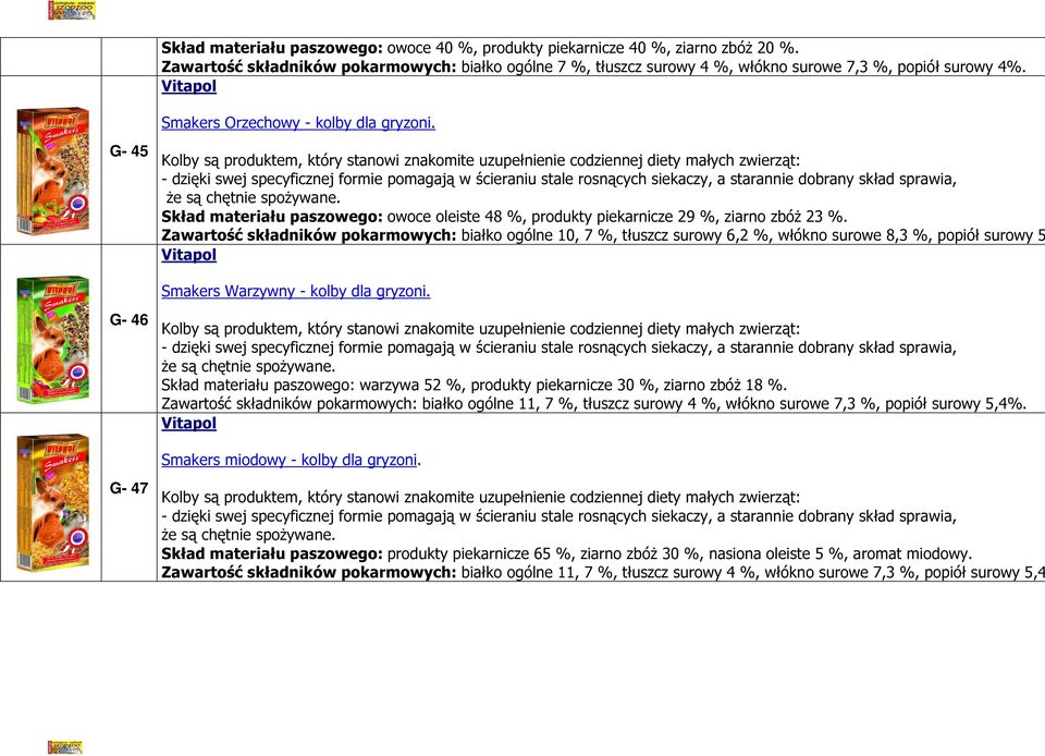 G- 45 Skład materiału paszowego: owoce oleiste 48 %, produkty piekarnicze 29 %, ziarno zbóż 23 %.