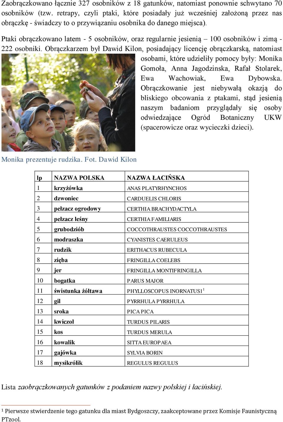 Ptaki obrączkowano latem - 5 osobników, oraz regularnie jesienią 100 osobników i zimą - 222 osobniki.