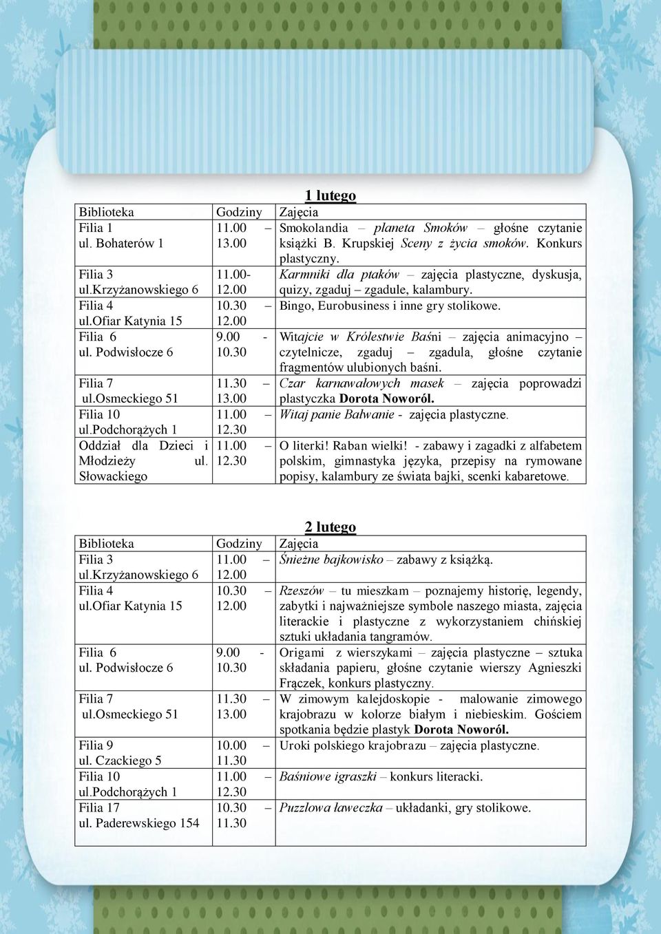 00 Witajcie w Królestwie Baśni zajęcia animacyjno czytelnicze, zgaduj zgadula, głośne czytanie fragmentów ulubionych baśni. Czar karnawałowych masek zajęcia poprowadzi plastyczka Dorota Noworól.