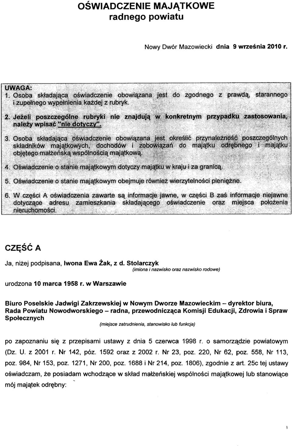 przewodnicząca Komisji Edukacji, Zdrowia i Spraw Społecznych po zapoznaniu się z przepisami ustawy z dnia 5 czerwca 1998 r. o samorządzie powiatowym (Dz. U. z 2001 r.