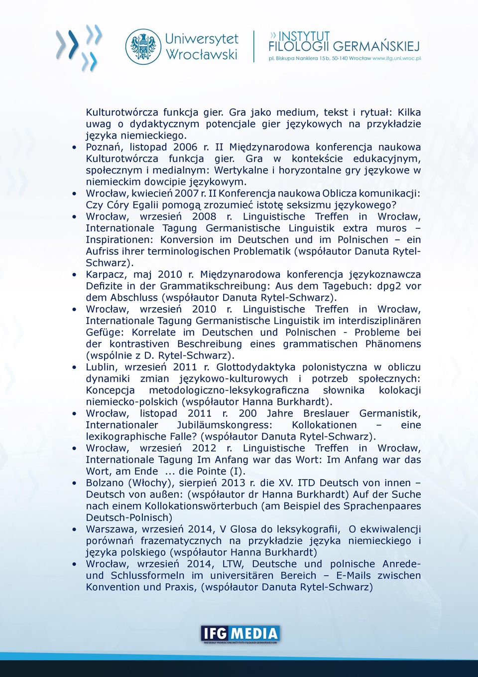 Wrocław, kwiecień 2007 r. II Konferencja naukowa Oblicza komunikacji: Czy Córy Egalii pomogą zrozumieć istotę seksizmu językowego? Wrocław, wrzesień 2008 r.