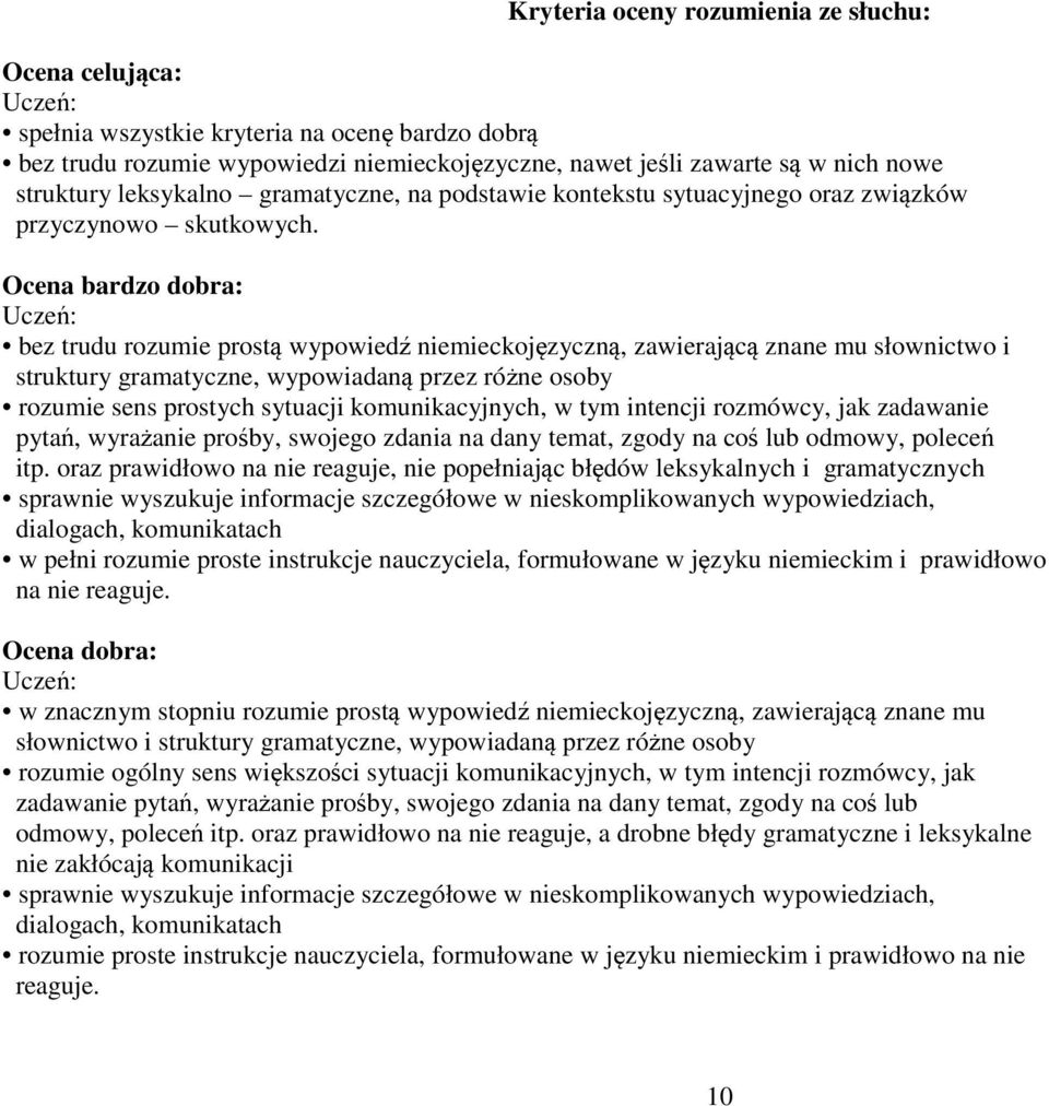 Ocena bardzo dobra: bez trudu rozumie prostą wypowiedź niemieckojęzyczną, zawierającą znane mu słownictwo i struktury gramatyczne, wypowiadaną przez różne osoby rozumie sens prostych sytuacji