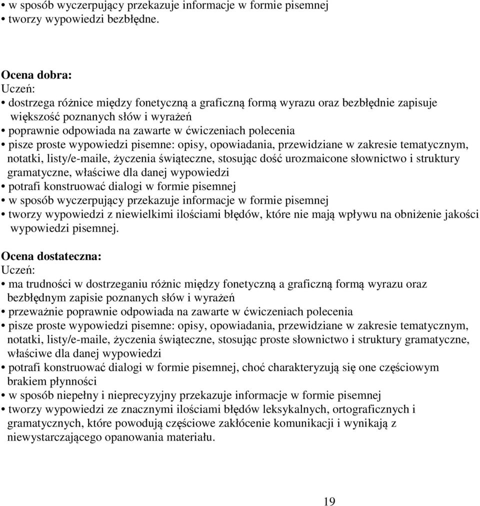 proste wypowiedzi pisemne: opisy, opowiadania, przewidziane w zakresie tematycznym, notatki, listy/e-maile, życzenia świąteczne, stosując dość urozmaicone słownictwo i struktury gramatyczne, właściwe