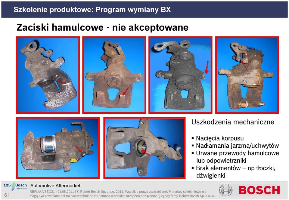 jarzma/uchwytów Urwane przewody hamulcowe lub