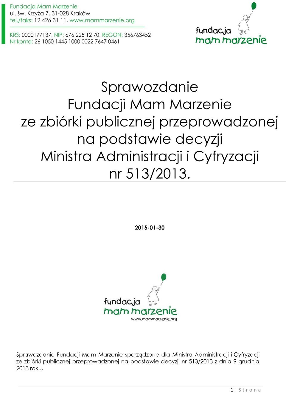 2015-01-30 Sprawozdanie Fundacji Mam Marzenie sporządzone dla Ministra Administracji i