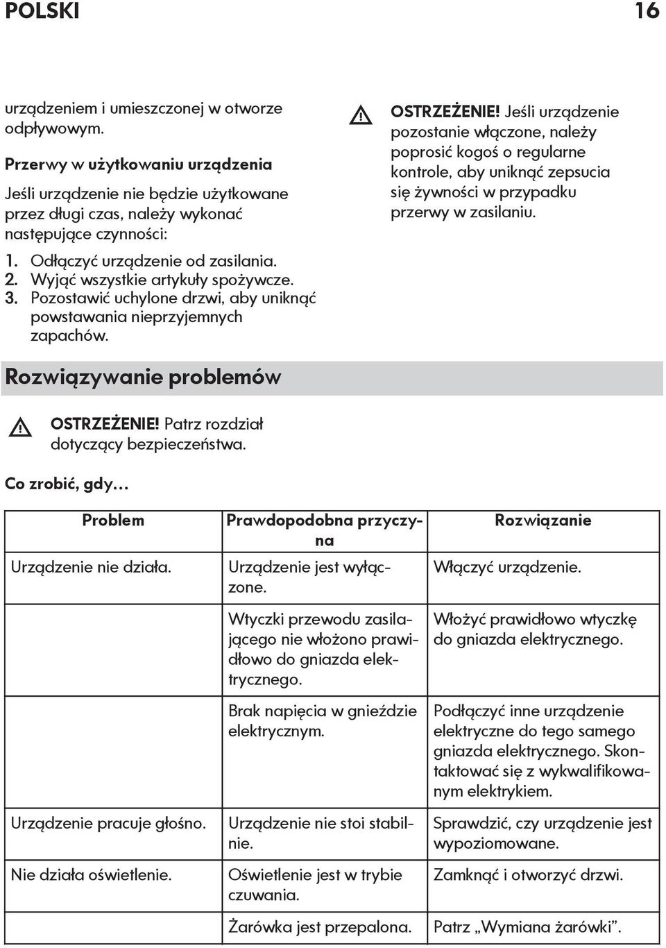 Jeśli urządzenie pozostanie włączone, należy poprosić kogoś o regularne kontrole, aby uniknąć zepsucia się żywności w przypadku przerwy w zasilaniu. Rozwiązywanie problemów OSTRZEŻENIE!