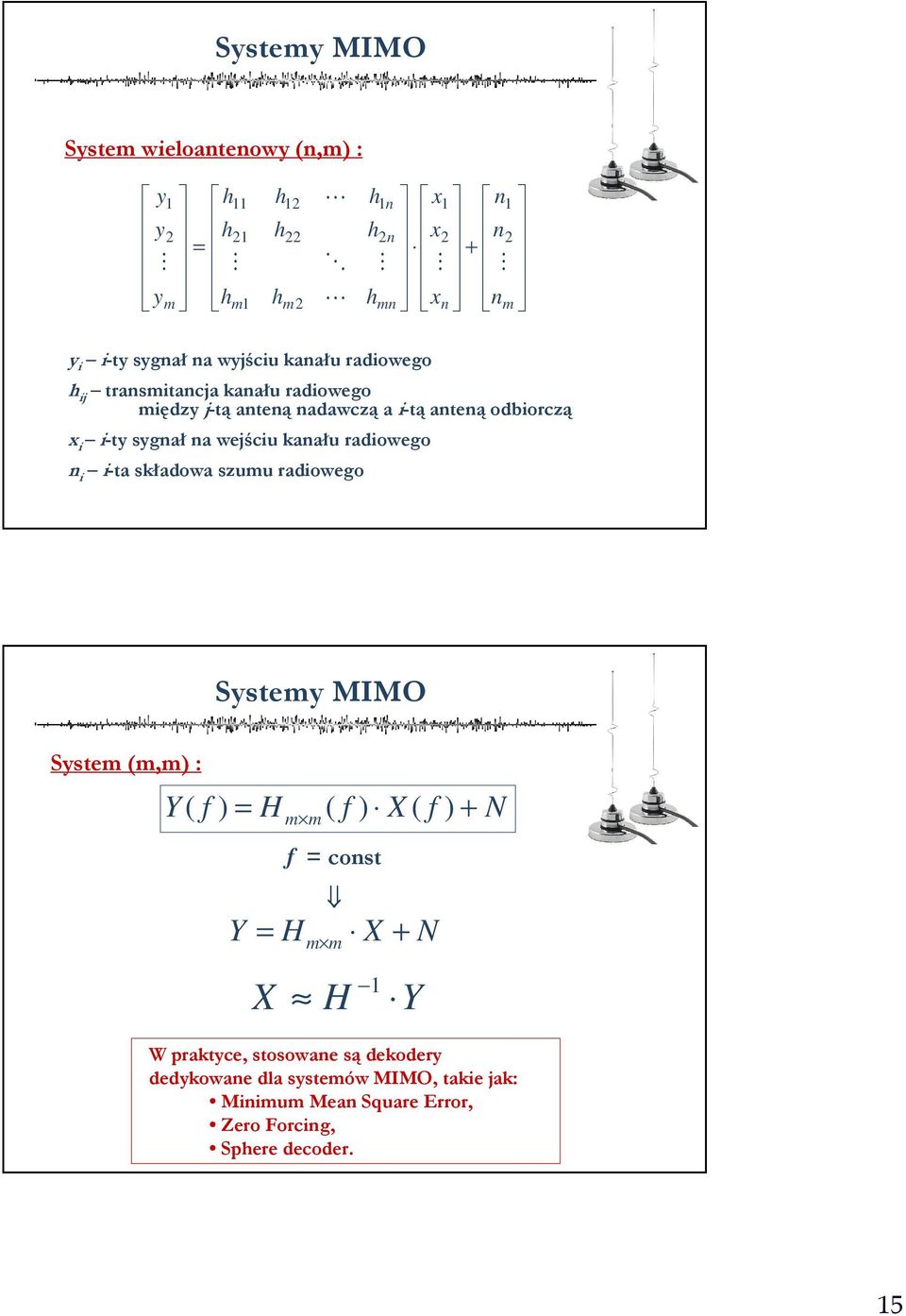 i-ta składowa szumu radiowego System wieloantenowy (n,m) : Systemy MIMO System (m,m) : N f X f H f Y m m + = ) ( ) ( ) ( N X H Y m m + = Y H X 1 f