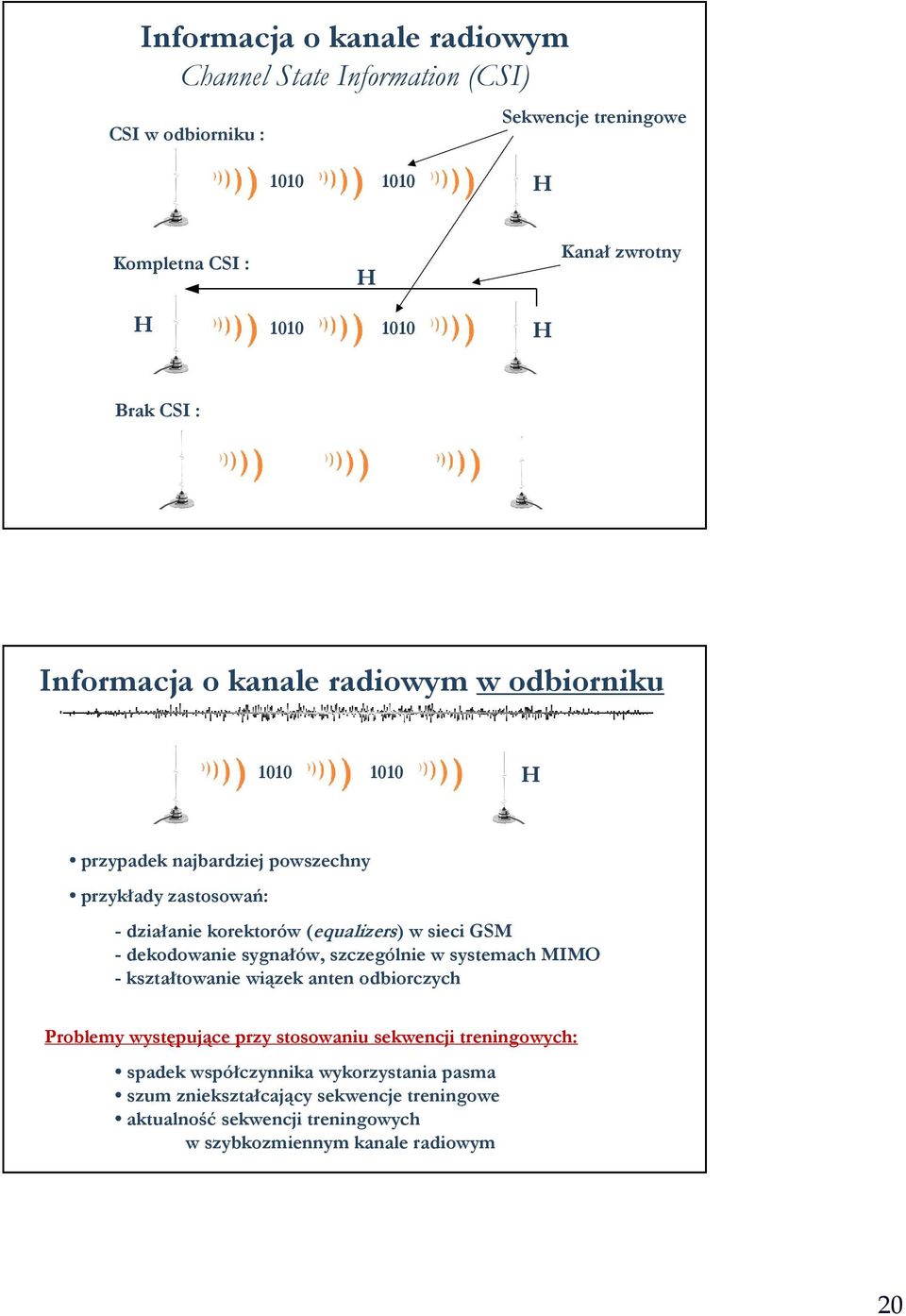 sieci GSM - dekodowanie sygnałów, szczególnie w systemach MIMO - kształtowanie wiązek anten odbiorczych Problemy występujące przy stosowaniu sekwencji