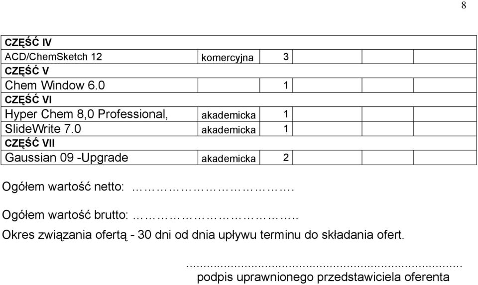 0 akademicka 1 CZĘŚĆ VII Gaussian 09 -Upgrade akademicka 2 Ogółem wartość netto:.