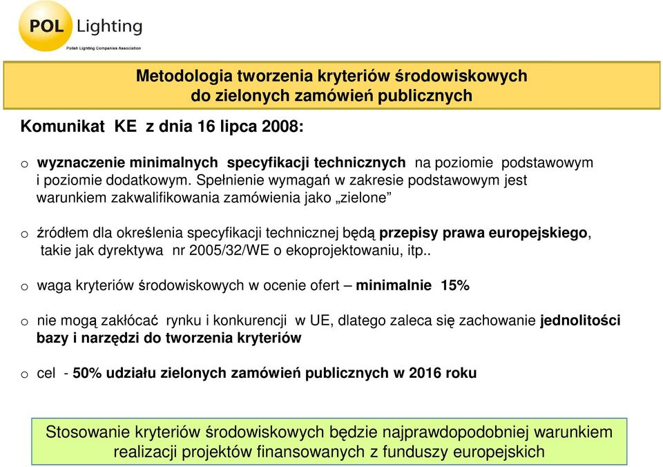 europejskiego, takie jak dyrektywa nr 2005/32/WE o ekoprojektowaniu, itp o waga kryteriów środowiskowych w ocenie ofert minimalnie 15% o nie mogą zakłócać rynku i konkurencji w UE, dlatego zaleca się