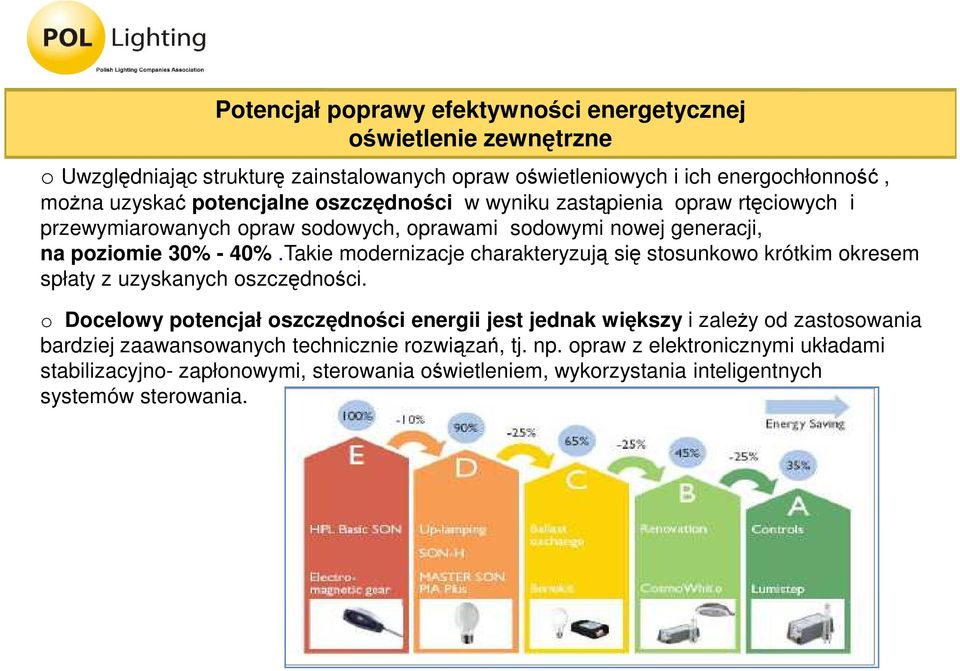 charakteryzują się stosunkowo krótkim okresem spłaty z uzyskanych oszczędności o Docelowy potencjał oszczędności energii jest jednak większy i zaleŝy od zastosowania bardziej