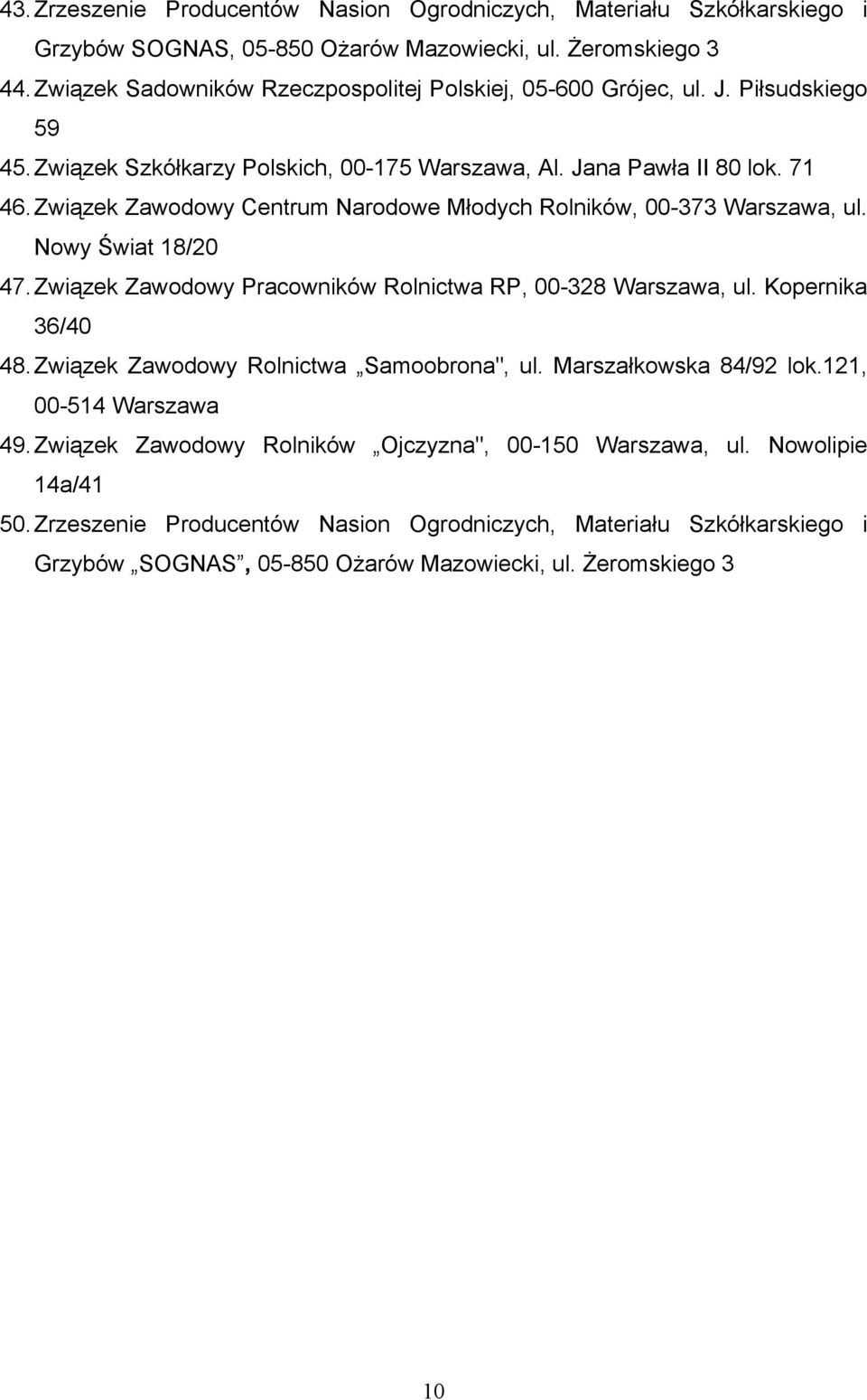 Związek Zawodowy Centrum Narodowe Młodych Rolników, 00-373 Warszawa, ul. Nowy Świat 18/20 47. Związek Zawodowy Pracowników Rolnictwa RP, 00-328 Warszawa, ul. Kopernika 36/40 48.