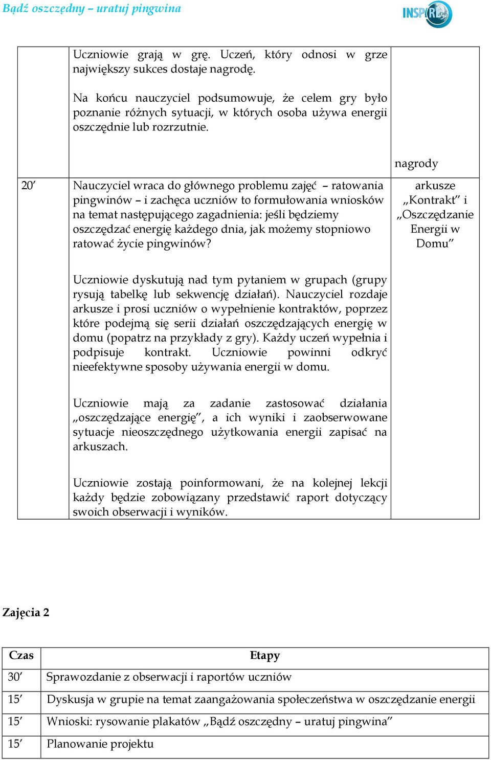 nagrody 20 Nauczyciel wraca do głównego problemu zajęć ratowania pingwinów i zachęca uczniów to formułowania wniosków na temat następującego zagadnienia: jeśli będziemy oszczędzać energię kaŝdego