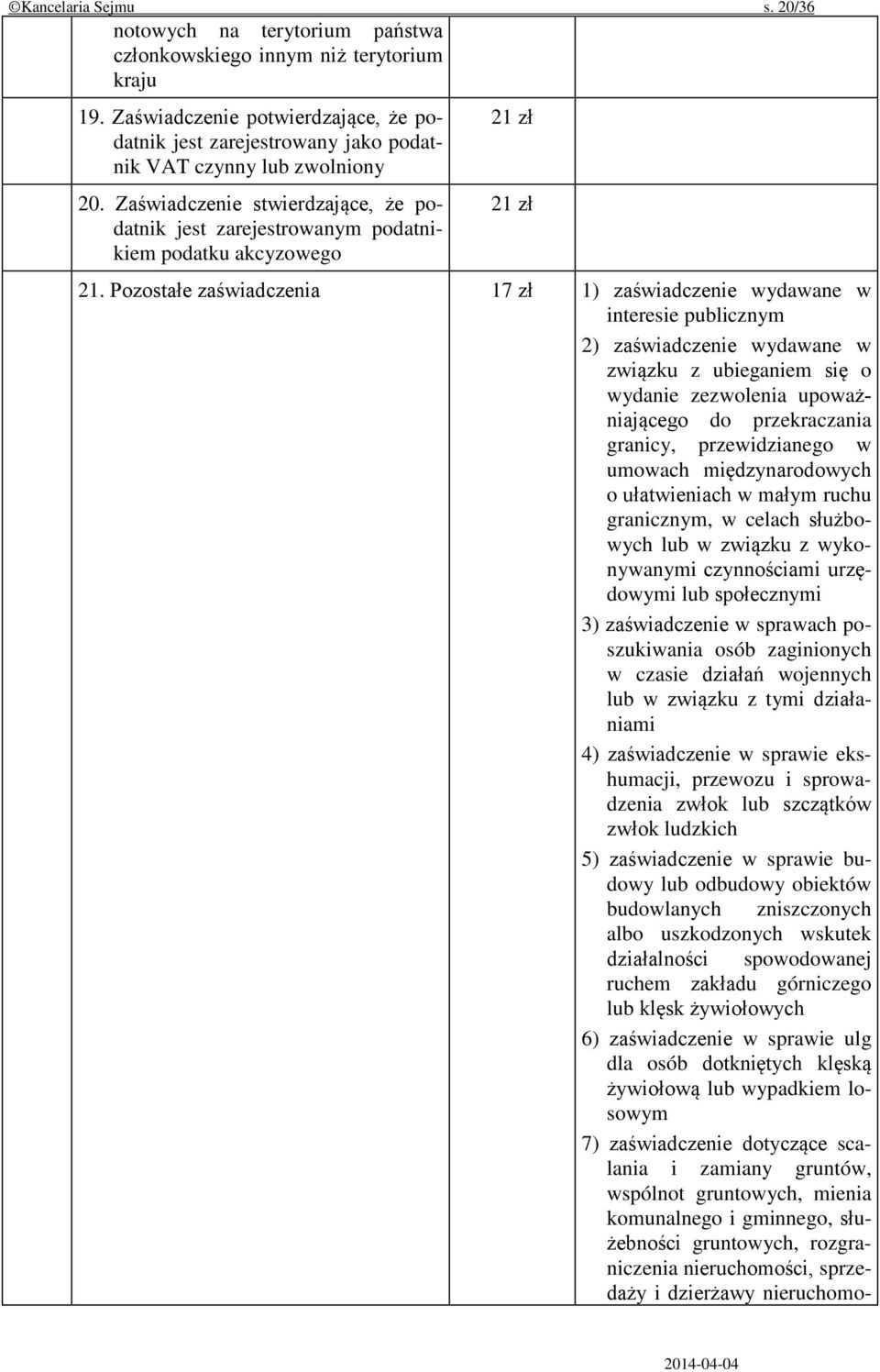 Zaświadczenie stwierdzające, że podatnik jest zarejestrowanym podatnikiem podatku akcyzowego 21 zł 21 zł 21.