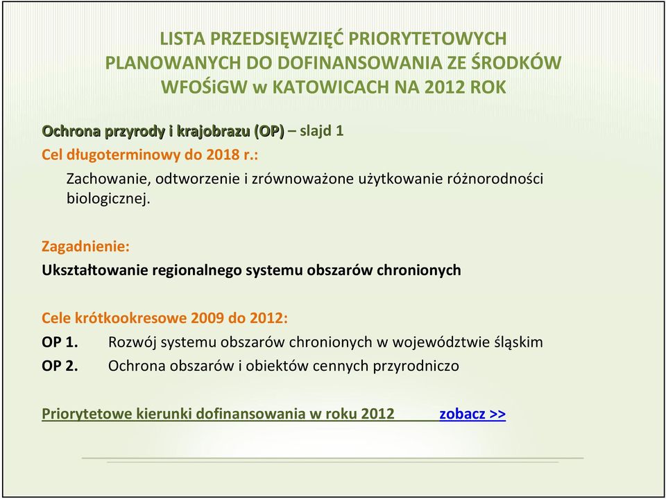 Zagadnienie: Ukształtowanie regionalnego systemu obszarów chronionych Cele krótkookresowe 2009 do 2012: OP 1.