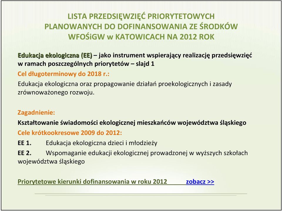 Zagadnienie: Kształtowanie świadomości ekologicznej mieszkańców województwa śląskiego Cele krótkookresowe 2009 do 2012: EE 1.