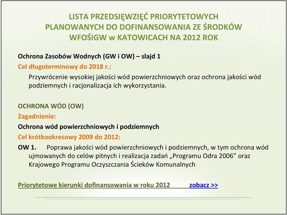 OCHRONA WÓD (OW) Zagadnienie: Ochrona wód powierzchniowych i podziemnych Cel krótkookresowy 2009 do 2012: OW 1.