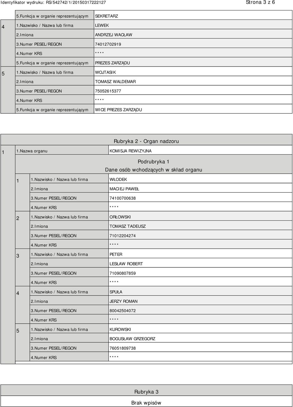 Nazwisko / Nazwa lub firma WŁODEK MACIEJ PAWEŁ 3.Numer PESEL/REGON 74100700638 2 1.Nazwisko / Nazwa lub firma ORŁOWSKI TOMASZ TADEUSZ 3.Numer PESEL/REGON 71012204274 3 1.