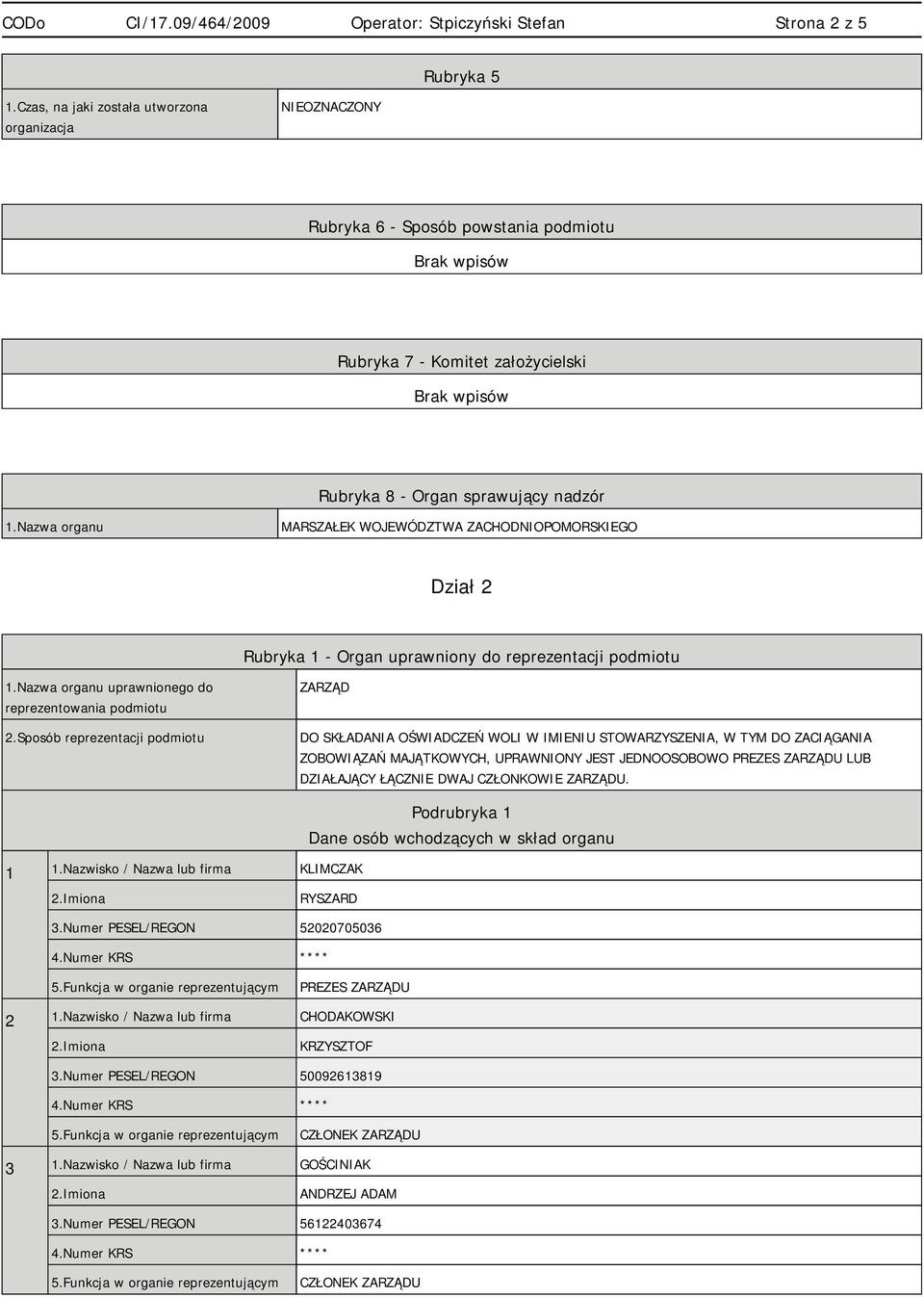 Sposób reprezentacji podmiotu ZARZĄD DO SKŁADANIA OŚWIADCZEŃ WOLI W IMIENIU STOWARZYSZENIA, W TYM DO ZACIĄGANIA ZOBOWIĄZAŃ MAJĄTKOWYCH, UPRAWNIONY JEST JEDNOOSOBOWO PREZES ZARZĄDU LUB DZIAŁAJĄCY