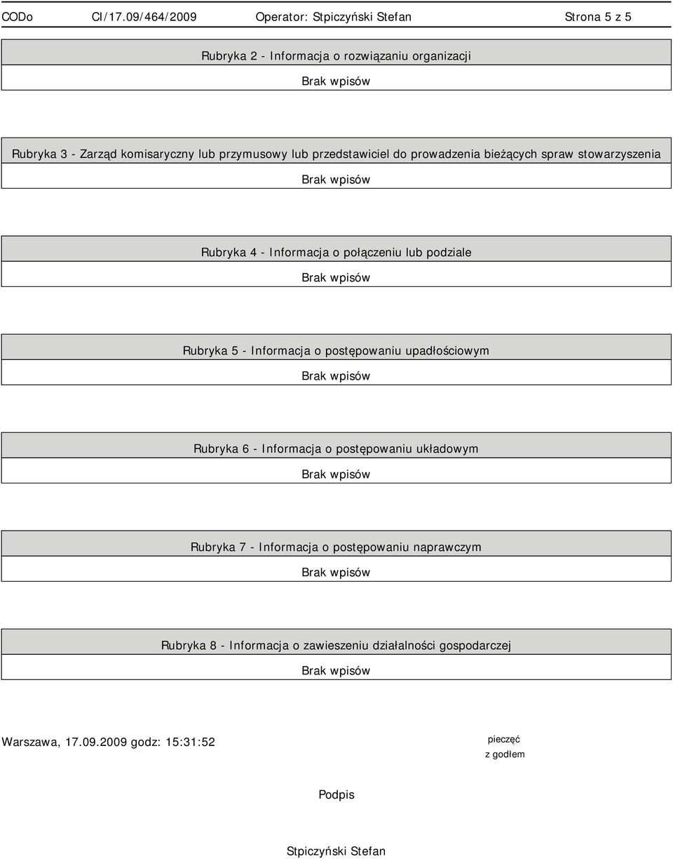 postępowaniu upadłościowym Rubryka 6 - Informacja o postępowaniu układowym Rubryka 7 - Informacja o postępowaniu naprawczym