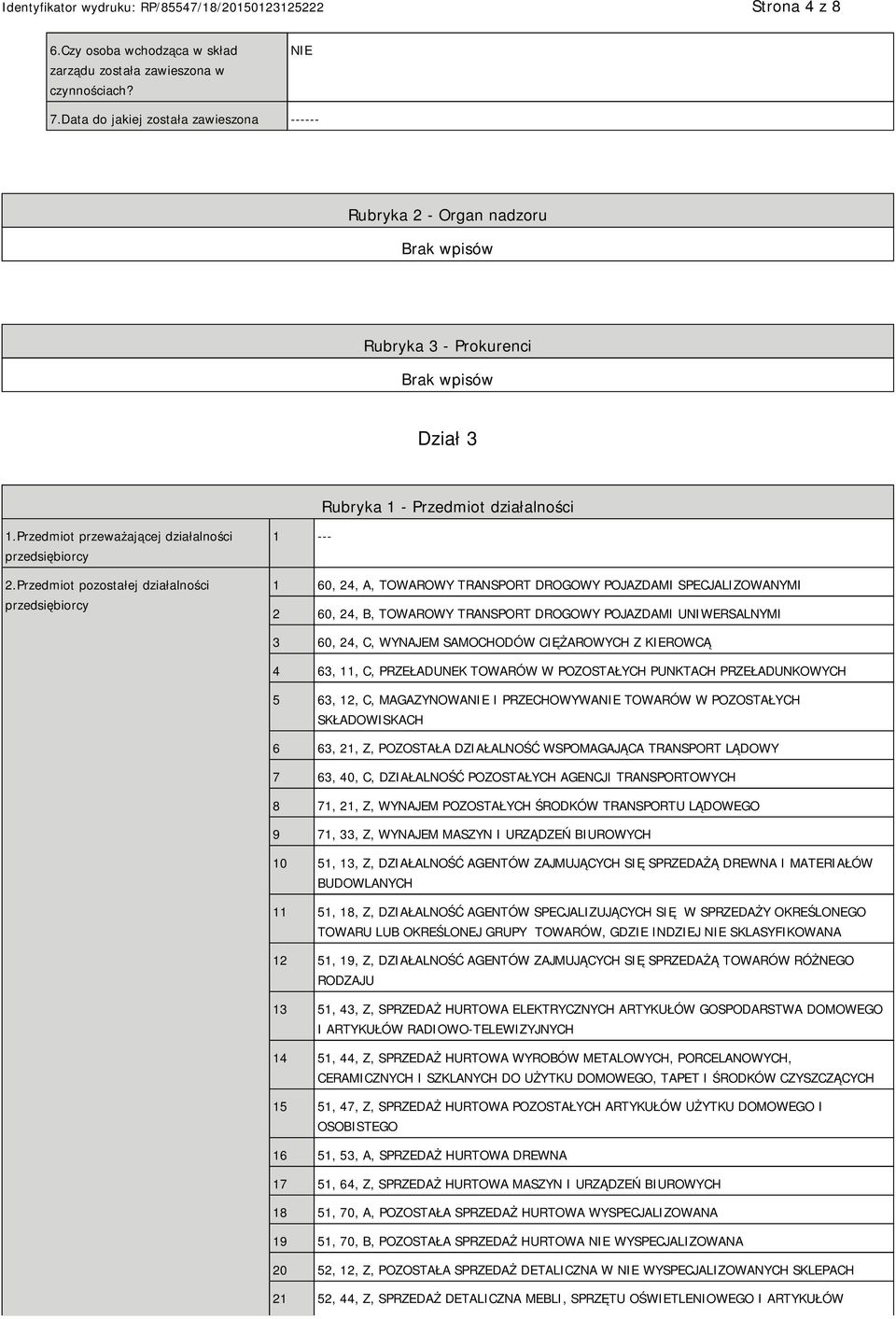 Przedmiot pozostałej działalności przedsiębiorcy 1 --- 1 60, 24, A, TOWAROWY TRANSPORT DROGOWY POJAZDAMI SPECJALIZOWANYMI 2 60, 24, B, TOWAROWY TRANSPORT DROGOWY POJAZDAMI UNIWERSALNYMI 3 60, 24, C,