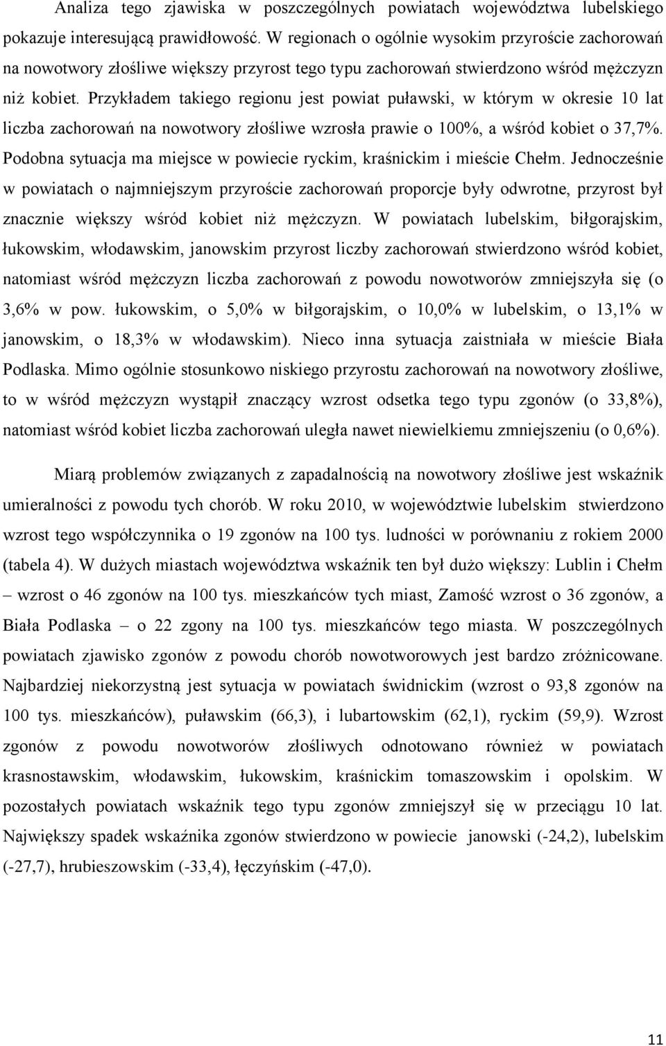 Przykładem takiego regionu jest powiat puławski, w którym w okresie 10 lat liczba zachorowań na nowotwory złośliwe wzrosła prawie o 100%, a wśród kobiet o 37,7%.