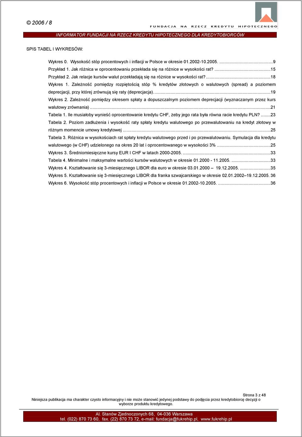 Zależność pomiędzy rozpiętością stóp % kredytów złotowych o walutowych (spread) a poziomem deprecjacji, przy której zrównują się raty (deprecjacja)...19 Wykres 2.