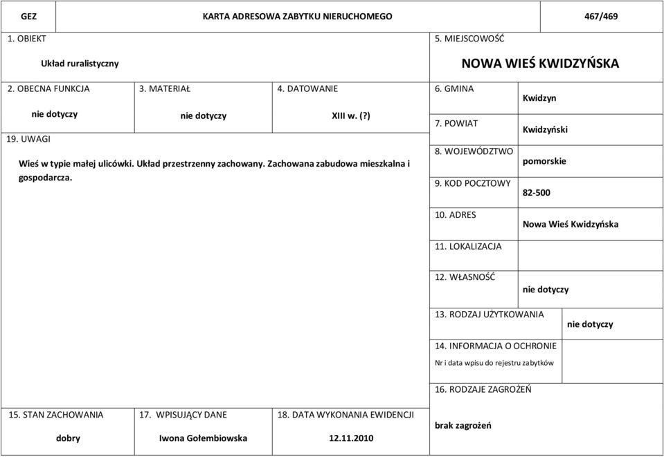 KOD POCZTOWY 10. ADRES Kwidzyn Kwidzyński pomorskie 82-500 Nowa Wieś Kwidzyńska 11. LOKALIZACJA 12. WŁASNOŚĆ 13. RODZAJ UŻYTKOWANIA 14.