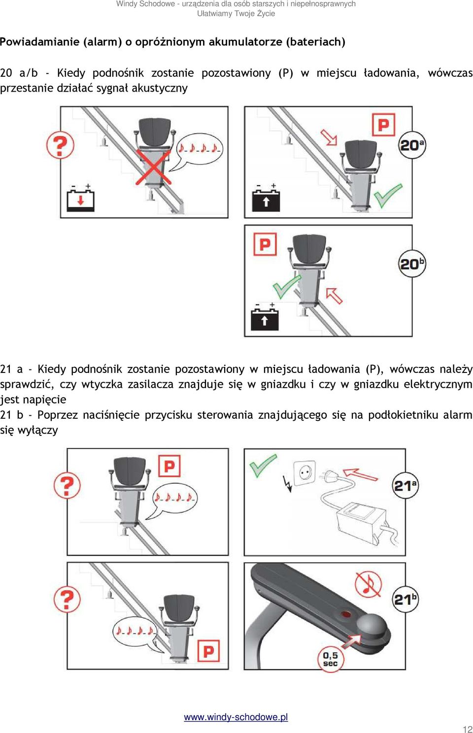 miejscu ładowania (P), wówczas należy sprawdzić, czy wtyczka zasilacza znajduje się w gniazdku i czy w gniazdku