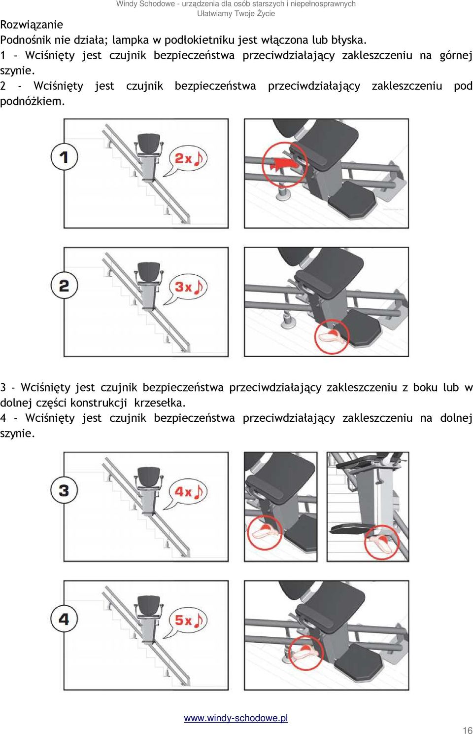 2 - Wciśnięty jest czujnik bezpieczeństwa przeciwdziałający zakleszczeniu pod podnóżkiem.