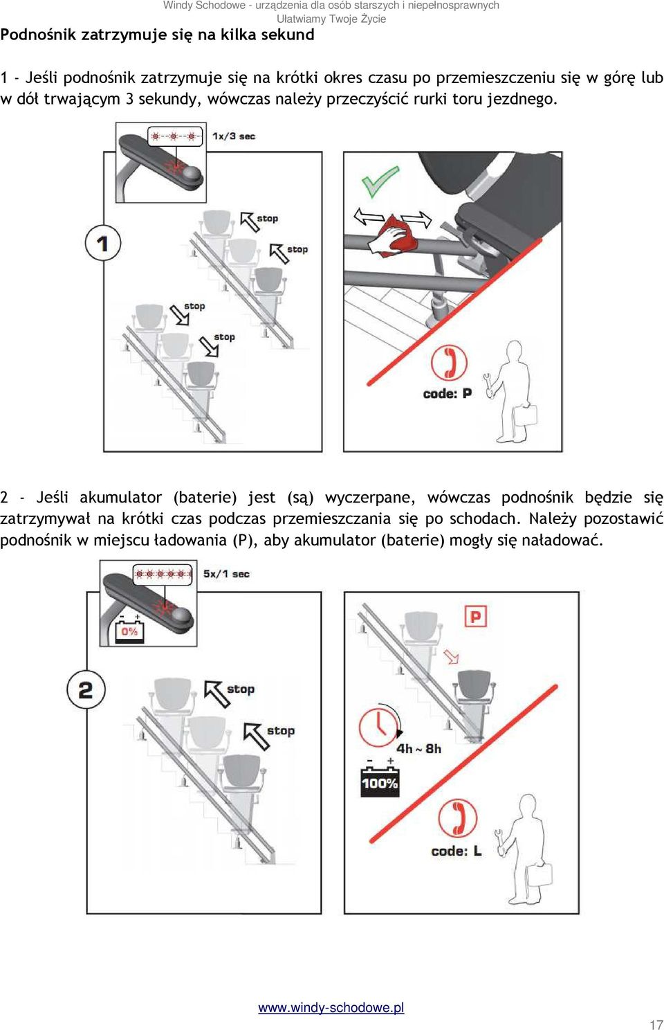 2 - Jeśli akumulator (baterie) jest (są) wyczerpane, wówczas podnośnik będzie się zatrzymywał na krótki czas