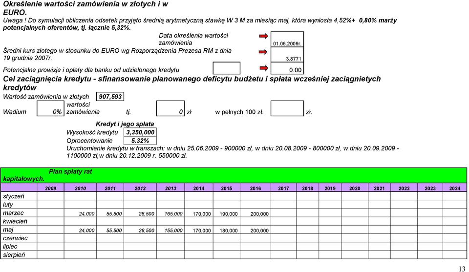 Data określenia wartości zamówienia 01.06.2009r. Średni kurs otego w stosunku do EURO wg Rozporządzenia Prezesa RM z dnia 19 grudnia 2007r. 3.