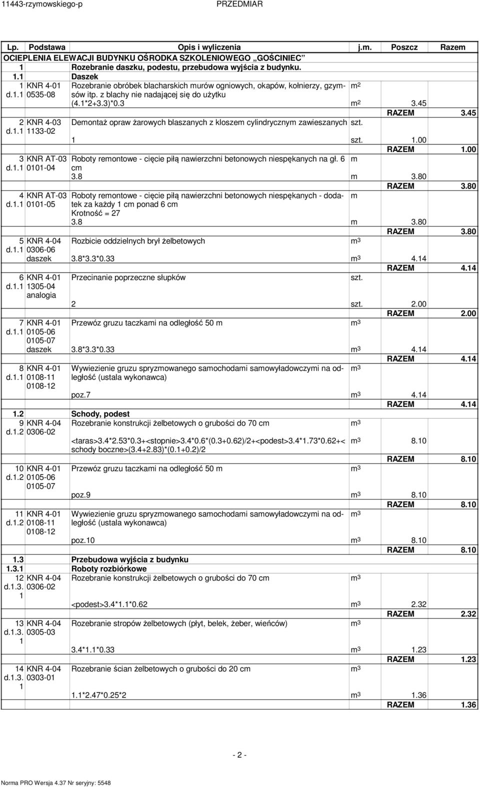 z blachy nie nadającej się do użytku (4.*2+3.3)*0.3 3.45 RAZEM 3.45 Deontaż opraw żarowych blaszanych z klosze cylindryczny zawieszanych.00 RAZEM.