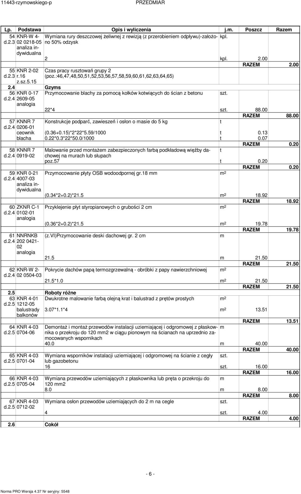 4 Gzys KNR 0-7 Przyocowanie blachy za poocą kołków kotwiących do ścian z betonu 2609-05 57 KNNR 7 d.2.4 0206-0 RAZEM 2.00 22*4 88.00 RAZEM 88.