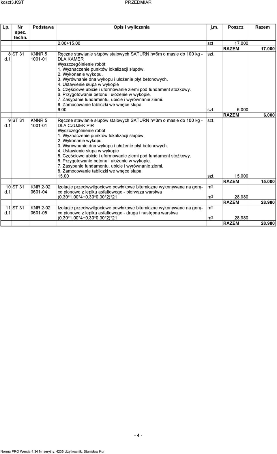 Wyrównanie dna wykopu i ułożenie płyt betonowych. 4. Ustawienie słupa w wykopie 5. Częściowe ubicie i uformowanie ziemi pod fundament stożkowy. 6. Przygotowanie betonu i ułożenie w wykopie. 7.