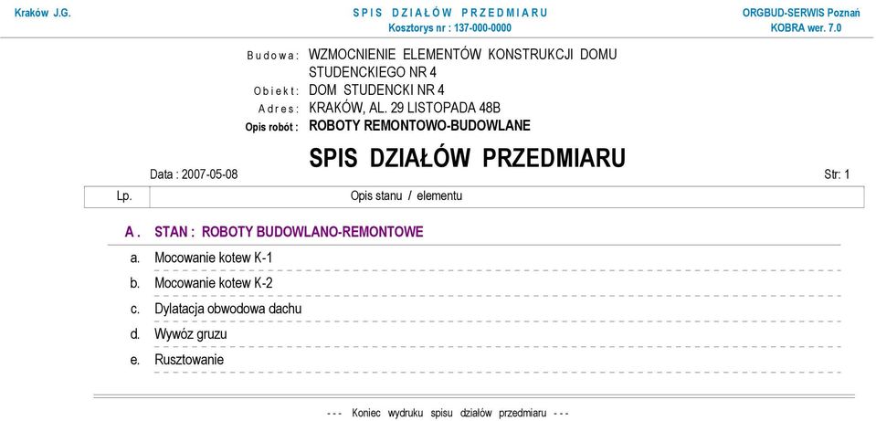 r e s : KRAKÓW, AL. 29 LISTOPADA 48B SPIS DZIAŁÓW PRZEDMIARU Str: 1 Opis stanu / elementu A.