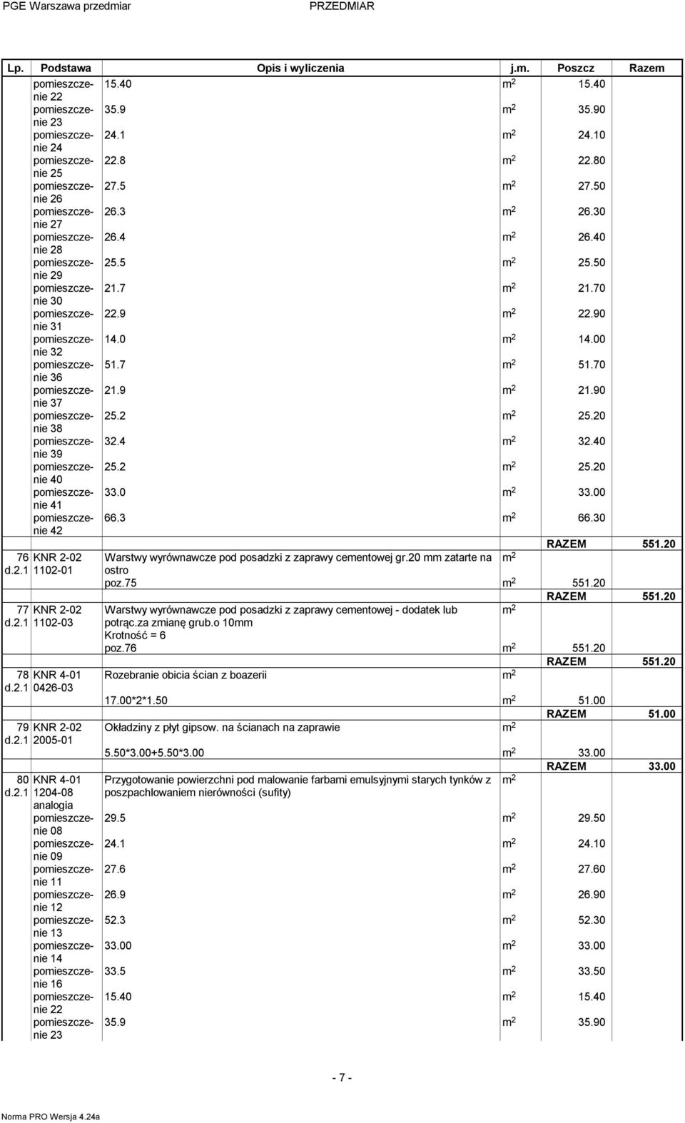 20 76 KNR 2-02 Warstwy wyrównawcze pod posadzki z zaprawy ceentowej gr.20 zatarte na 2 d.2.1 1102-01 ostro poz.75 2 551.20 RAZEM 551.