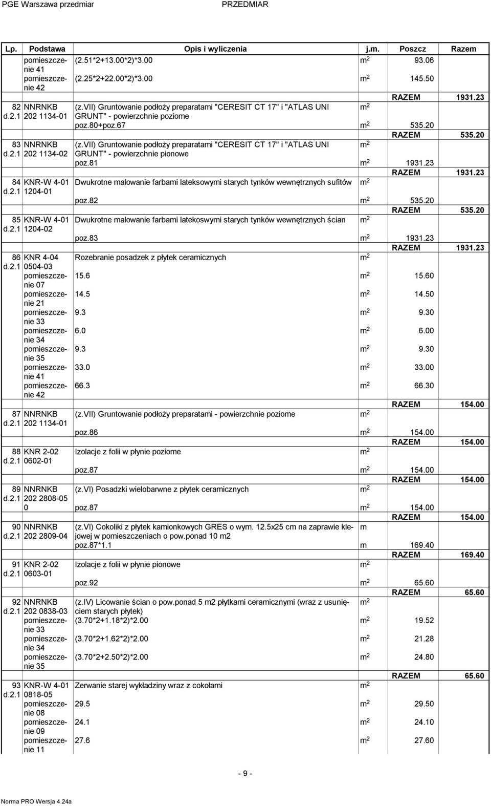 vii) Gruntowanie podłoży preparatai "CERESIT CT 17" i "ATLAS UNI 2 d.2.1 202 1134-02 GRUNT" - powierzchnie pionowe poz.81 2 1931.23 RAZEM 1931.