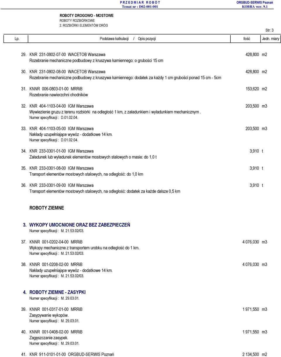 KNNR 006-0803-01-00 MRRiB 153,620 m2 Rozebranie nawierzchni chodników 32.