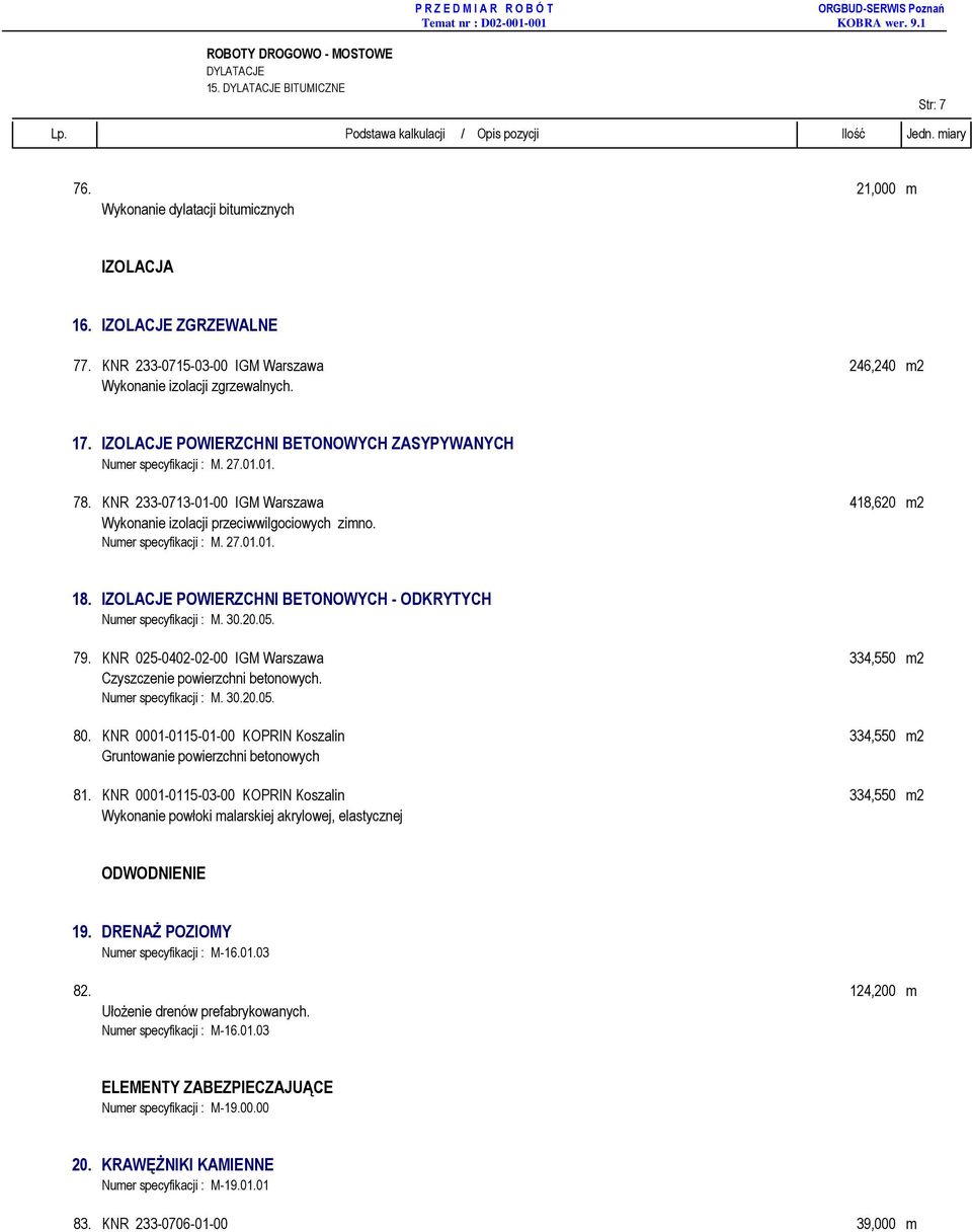 IZOLACJE POWIERZCHNI BETONOWYCH - ODKRYTYCH Numer specyfikacji : M. 30.20.05. 79. KNR 025-0402-02-00 IGM Warszawa 334,550 m2 Czyszczenie powierzchni betonowych. Numer specyfikacji : M. 30.20.05. 80.