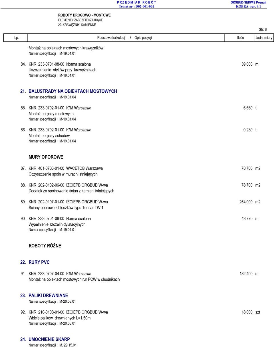 KNR 233-0702-01-00 IGM Warszawa 6,650 t MontaŜ poręczy mostowych. Numer specyfikacji : M-19.01.04 86. KNR 233-0702-01-00 IGM Warszawa 0,230 t MontaŜ poręczy schodów Numer specyfikacji : M-19.01.04 MURY OPOROWE 87.