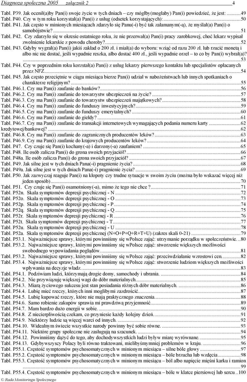 ...51 Tabl. P42. Czy zdarzyło się w okresie ostatniego roku, że nie przerwał(a) Pan(i) pracy zarobkowej, choć lekarz wypisał zwolnienie lekarskie z powodu choroby?...52 Tabl. P43.