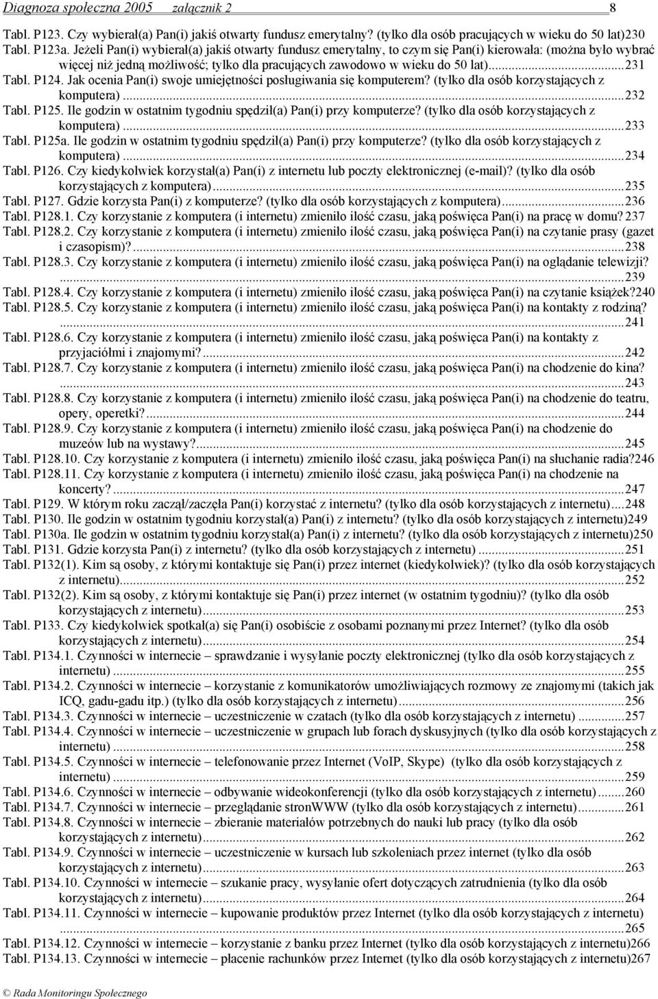 P124. Jak ocenia Pan(i) swoje umiejętności posługiwania się komputerem? (tylko dla osób korzystających z komputera)...232 Tabl. P125. Ile godzin w ostatnim tygodniu spędził(a) Pan(i) przy komputerze?