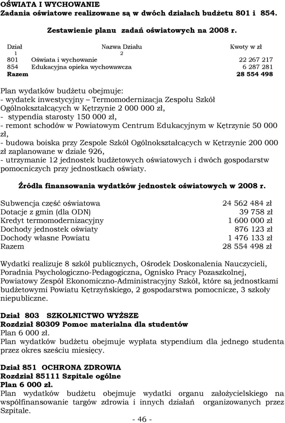 Termomodernizacja Zespołu Szkół Ogólnokształcących w Kętrzynie 2 000 000 zł, - stypendia starosty 150 000 zł, - remont schodów w Powiatowym Centrum Edukacyjnym w Kętrzynie 50 000 zł, - budowa boiska