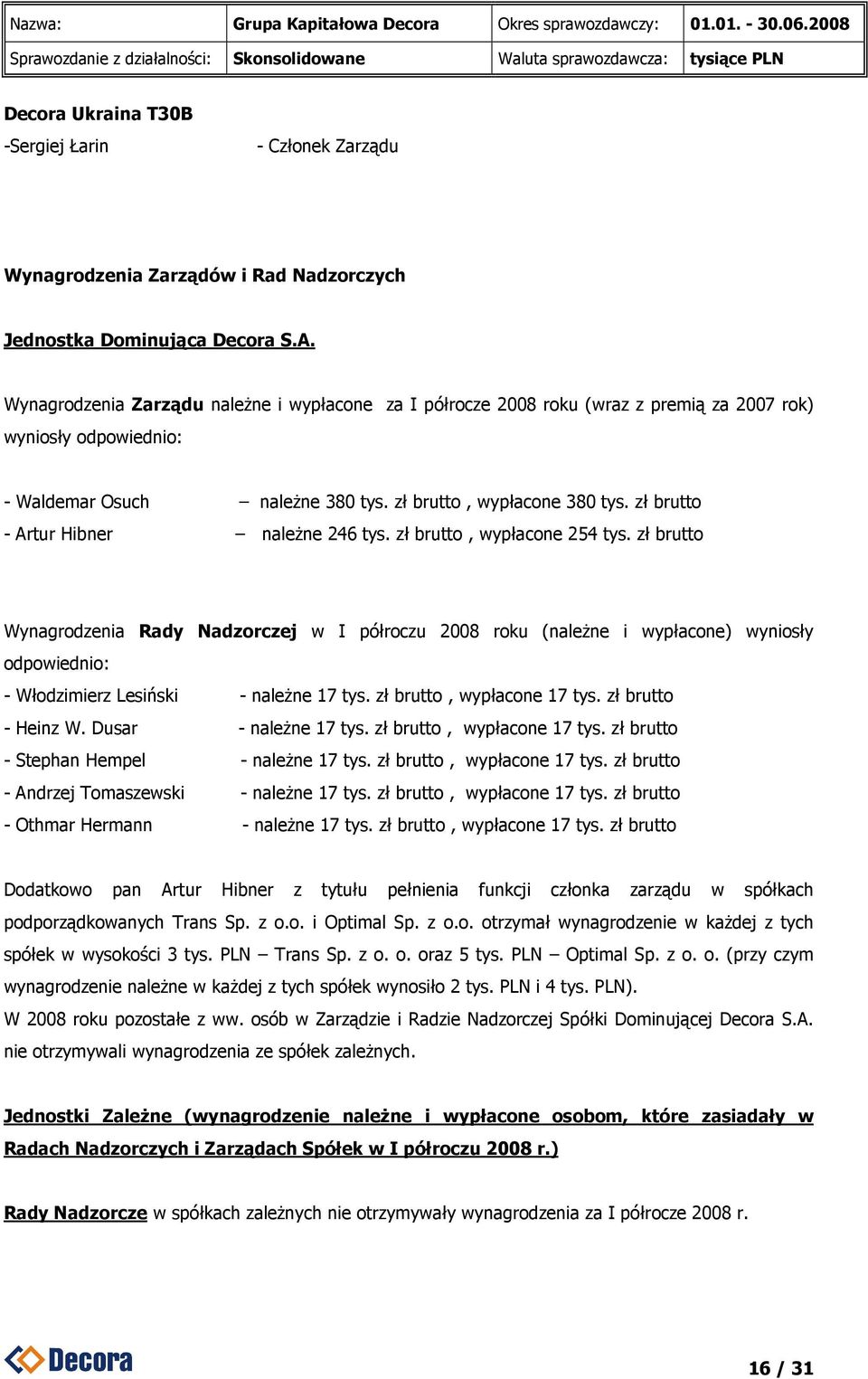 zł brutto - Artur Hibner naleŝne 246 tys. zł brutto, wypłacone 254 tys.