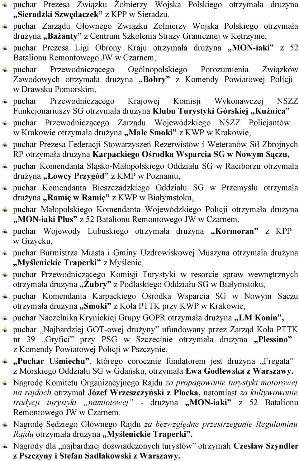 Porozumienia Związków Zawodowych otrzymała drużyna Bobry z Komendy Powiatowej Policji w Drawsku Pomorskim, puchar Przewodniczącego Krajowej Komisji Wykonawczej NSZZ Funkcjonariuszy SG otrzymała